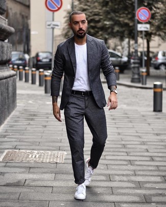 Grey Wool Suit Warm Weather Outfits: Teaming a grey wool suit and a white crew-neck t-shirt is a fail-safe way to breathe a polished touch into your styling lineup. Give a relaxed twist to an otherwise dressy look by finishing off with white low top sneakers.
