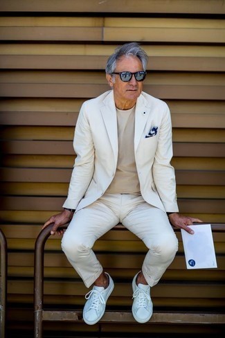 Men's White Suit, Beige Crew-neck T-shirt, White Leather Low Top Sneakers, Navy and White Pocket Square
