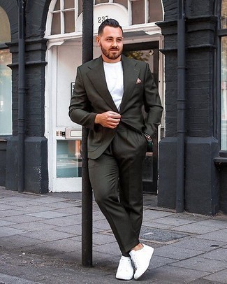 Men's Dark Green Suit, White Crew-neck T-shirt, White Canvas Low Top Sneakers, Pink Pocket Square