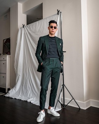 Dark Green Check Suit Outfits: When the setting calls for a polished yet killer outfit, you can easily rock a dark green check suit and a navy and white horizontal striped crew-neck t-shirt. Want to break out of the mold? Then why not introduce white leather low top sneakers to the equation?