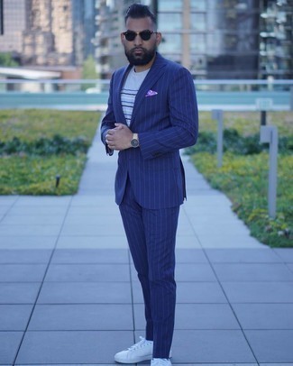 Light Violet Pocket Square Outfits: If you feel more confident in comfortable clothes, you'll love this sharp combination of a navy vertical striped suit and a light violet pocket square. Complete your ensemble with a pair of white canvas low top sneakers and the whole look will come together really well.