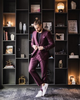 Pink Pocket Square Outfits: Try pairing a burgundy suit with a pink pocket square for a straightforward outfit that's also put together. A pair of white canvas low top sneakers is a smart idea to finish off this outfit.