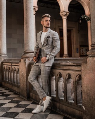 Brown Polka Dot Pocket Square Outfits: If you feel more confident in comfortable clothes, you'll love this on-trend combo of a grey check suit and a brown polka dot pocket square. Throw in white leather low top sneakers and ta-da: the ensemble is complete.