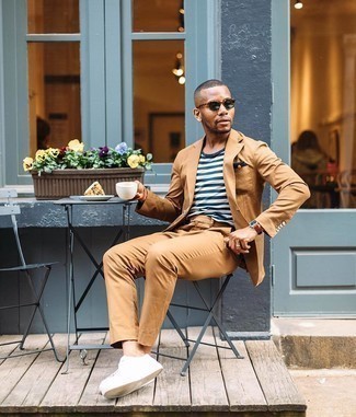 Brown Leather Watch Outfits For Men: For a casual look, go for a tobacco suit and a brown leather watch — these two pieces fit beautifully together. For extra fashion points, throw white canvas low top sneakers into the mix.