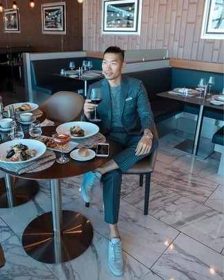 Men's Teal Vertical Striped Suit, Grey Crew-neck T-shirt, White Leather Low Top Sneakers, White and Blue Pocket Square