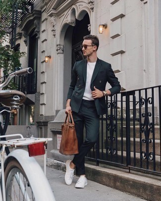 Men's Dark Green Suit, White Horizontal Striped Crew-neck T-shirt, White Leather Low Top Sneakers, Brown Leather Tote Bag