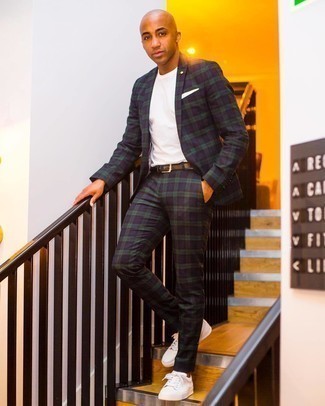 Navy and Green Plaid Suit Outfits: Consider wearing a navy and green plaid suit and a white crew-neck t-shirt if you wish to look stylish without too much effort. To bring a more laid-back spin to your look, introduce white canvas low top sneakers to your outfit.