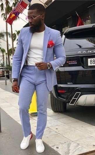 Pink Sunglasses Outfits For Men: For a laid-back menswear style with a modern spin, you can go for a light blue suit and pink sunglasses. Let your styling sensibilities truly shine by completing this outfit with a pair of white and red canvas low top sneakers.