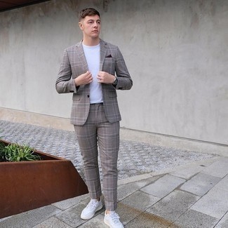 Men's Grey Plaid Suit, White Crew-neck T-shirt, White Leather Low Top Sneakers, Dark Brown Pocket Square