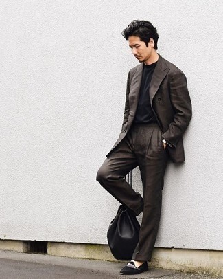 Black Backpack Outfits For Men: Breathe style into your daily off-duty rotation with a dark brown suit and a black backpack. Rounding off with a pair of black suede monks is the simplest way to infuse a hint of elegance into this ensemble.