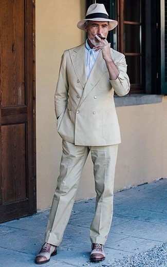 White Wool Hat Outfits For Men: Why not marry a beige suit with a white wool hat? As well as super comfortable, both items look cool combined together. Add burgundy leather oxford shoes to the mix to make the ensemble slightly sleeker.
