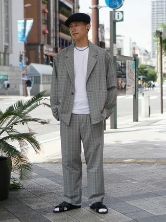 Grey Plaid Suit Outfits: This smart casual combination of a grey plaid suit and a white crew-neck t-shirt is super easy to put together without a second thought, helping you look sharp and ready for anything without spending too much time digging through your wardrobe. You can get a bit experimental in the shoe department and dress down your look by slipping into black leather sandals.
