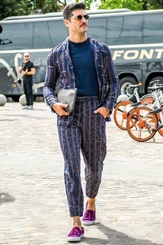 Purple Suede Loafers Outfits For Men: A navy vertical striped suit and a navy crew-neck t-shirt are the kind of a never-failing combo that you so terribly need when you have no time to assemble an ensemble. A trendy pair of purple suede loafers is an effortless way to transform your outfit.