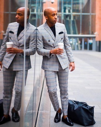 Men's Grey Plaid Suit, Navy Crew-neck T-shirt, Black Leather Tassel Loafers, Navy Leather Holdall