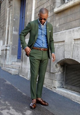 White Bandana Dressy Outfits For Men: Indisputable proof that an olive suit and a white bandana look awesome when paired together in a casual getup. If you wish to immediately level up this getup with one single piece, why not add a pair of brown leather tassel loafers to the mix?