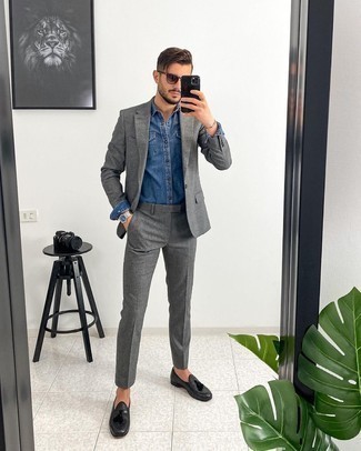 Grey Suit with Denim Shirt Outfits: You'll be amazed at how easy it is to get dressed like this. Just a grey suit and a denim shirt. Want to go all out with footwear? Introduce a pair of charcoal leather tassel loafers to the mix.