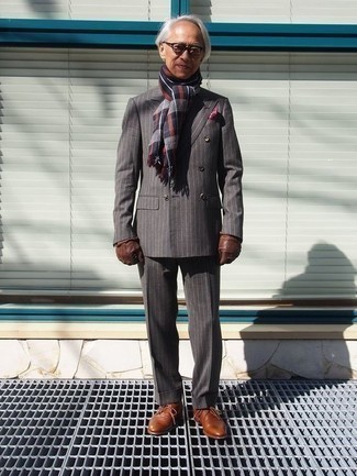 Burgundy Scarf Outfits For Men: A grey vertical striped suit and a burgundy scarf make for the ultimate casual look for any guy. Let your styling savvy really shine by complementing your outfit with a pair of tobacco leather derby shoes.