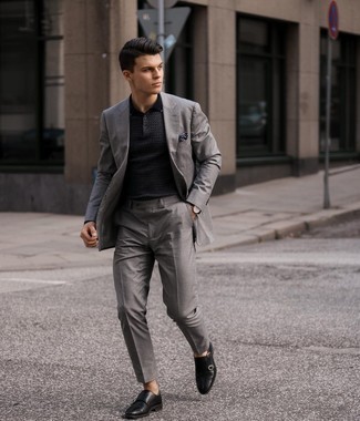 Black Leather Double Monks Outfits: Go for a grey suit for an extra sharp outfit. Don't know how to finish? Complement your ensemble with a pair of black leather double monks for a more relaxed spin.