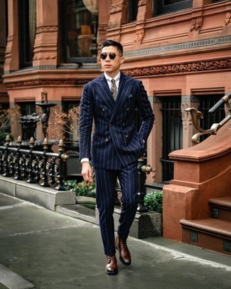 Navy Paisley Pocket Square Outfits: For a look that provides functionality and dapperness, team a navy vertical striped suit with a navy paisley pocket square. Got bored with this outfit? Enter a pair of brown leather brogue boots to spice things up.
