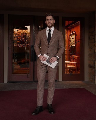 Brown Plaid Wool Suit Outfits: This pairing of a brown plaid wool suit and a white dress shirt is a real life saver when you need to look extra sharp. Feeling creative today? Mix things up with black leather brogue boots.