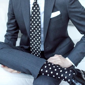 Men's Charcoal Suit, White Dress Shirt, Black Leather Brogues, Black and White Polka Dot Tie