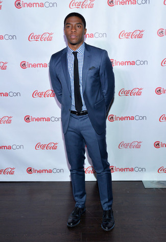 Chadwick Boseman wearing Navy Suit, White and Blue Gingham Dress Shirt, Black Leather Brogues, Black Tie