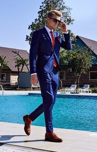 blue suit red shoes