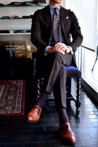 Men's Dark Brown Suit, White and Navy Vertical Striped Dress Shirt, Tobacco Leather Brogues, Burgundy Paisley Tie