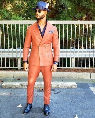 Navy Leather Brogues Outfits: Consider pairing an orange suit with a navy dress shirt for a neat polished look. For something more on the daring side to round off your look, introduce navy leather brogues to the equation.