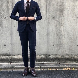 Navy Canvas Watch Outfits For Men: Combining a navy check suit with a navy canvas watch is an on-point idea for a laid-back and cool ensemble. Put an elegant spin on an otherwise utilitarian outfit by slipping into dark brown leather brogues.