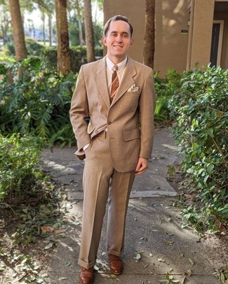 Men's Tan Suit, White Dress Shirt, Brown Leather Brogues, Brown Horizontal Striped Tie