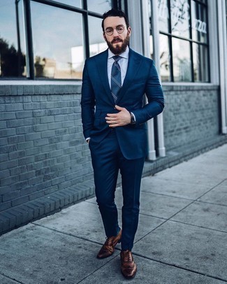 Teal Horizontal Striped Tie Outfits For Men: Putting together a navy suit with a teal horizontal striped tie is an awesome pick for a stylish and classy outfit. Don't know how to finish? Introduce a pair of brown leather brogues to your ensemble to change things up a bit.
