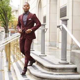 Black Dress Shirt Outfits For Men: Teaming a black dress shirt and a burgundy suit is a fail-safe way to inject style into your day-to-day styling arsenal. Add a pair of burgundy leather brogues to the mix to make a sober look feel suddenly fun and fresh.