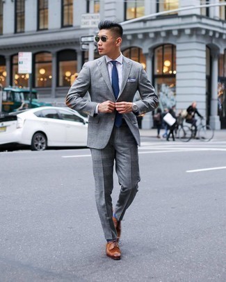 Dark Green Sunglasses Outfits For Men: This casual combo of a grey plaid suit and dark green sunglasses is ideal if you need to go about your day with confidence in your getup. Dial down the casualness of your getup with a pair of tobacco leather brogues.