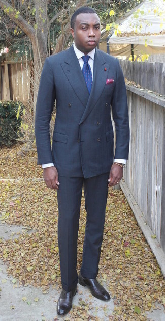 Men's Navy Suit, White Dress Shirt, Charcoal Leather Brogues, Navy Polka Dot Tie