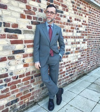 Men's Charcoal Suit, White and Blue Vertical Striped Dress Shirt, Dark Purple Leather Brogues, Burgundy Print Tie