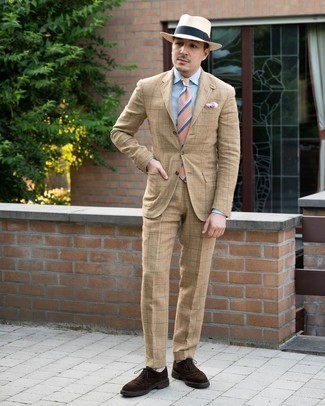 Beige Hat Outfits For Men: This casual pairing of a tan check suit and a beige hat is super easy to put together in no time flat, helping you look amazing and ready for anything without spending a ton of time going through your closet. Smarten up this look with the help of dark brown suede brogues.