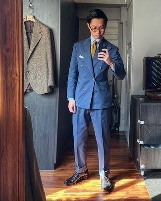 Navy Suit Outfits: Tap into polished style with a navy suit and a light blue vertical striped dress shirt. Why not take a more relaxed approach with shoes and complete this ensemble with black leather brogues?