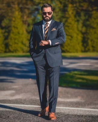 Tobacco Horizontal Striped Tie Outfits For Men: Putting together a navy suit with a tobacco horizontal striped tie is a good option for a smart and polished outfit. You can get a bit experimental in the shoe department and introduce a pair of tobacco leather brogues to your outfit.