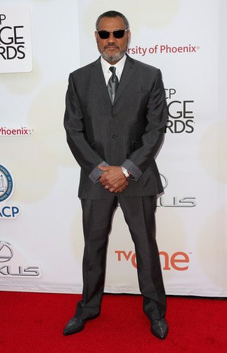 Laurence Fishburne wearing Charcoal Suit, White Dress Shirt, Black Leather Chelsea Boots, Charcoal Tie