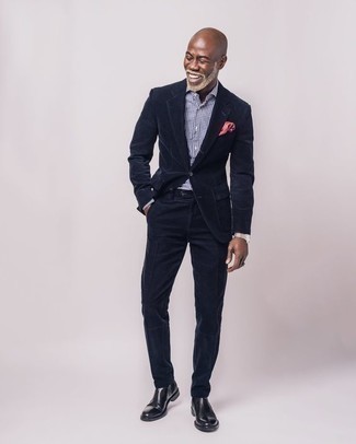 Burgundy Pocket Square Dressy Outfits: For something on the cool and laid-back side, opt for this combo of a navy corduroy suit and a burgundy pocket square. To bring a bit of zing to your look, complete your ensemble with a pair of black leather chelsea boots.