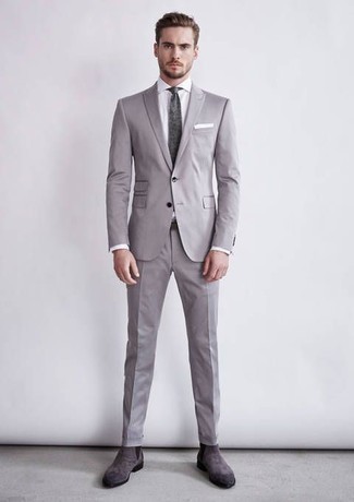 Men's Grey Suit, White Dress Shirt, Grey Suede Chelsea Boots, Charcoal Tie