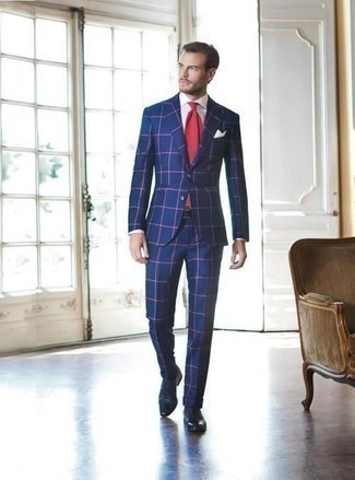 Navy Check Suit Outfits: This combo of a navy check suit and a white dress shirt can only be described as ridiculously stylish and elegant. Play down your outfit by finishing with a pair of black leather chelsea boots.