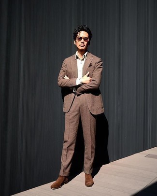 Brown Sunglasses Outfits For Men: For something more on the casual and cool end, consider teaming a brown wool suit with brown sunglasses. A pair of brown suede chelsea boots effortlessly revs up the fashion factor of any outfit.