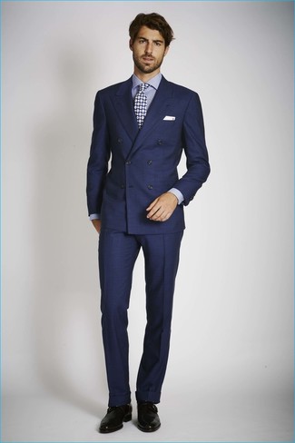 Blue Polka Dot Tie Outfits For Men: For an ensemble that's smart and Kingsman-worthy, opt for a navy suit and a blue polka dot tie. For something more on the cool and laid-back side to finish your getup, add a pair of black leather derby shoes to the equation.