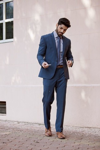 Brown Leather Derby Shoes Warm Weather Outfits: Teaming a navy suit and a grey dress shirt is a fail-safe way to breathe personality into your wardrobe. And if you wish to immediately play down this outfit with shoes, why not add a pair of brown leather derby shoes to the equation?