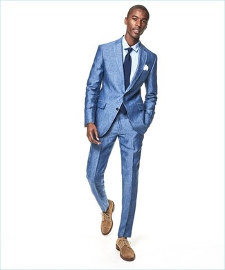 Tan Suede Derby Shoes Outfits: A blue suit and a light blue dress shirt are absolute must-haves if you're planning an elegant wardrobe that matches up to the highest menswear standards. Put a relaxed spin on your outfit with a pair of tan suede derby shoes.