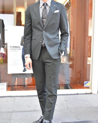 Men's Grey Suit, White Vertical Striped Dress Shirt, Black Leather Derby Shoes, Grey Tie