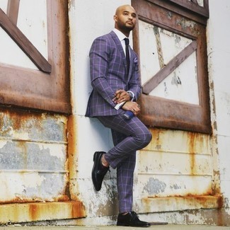 Black Suede Derby Shoes Outfits: Loving how this pairing of a violet suit and a white dress shirt instantly makes men look stylish and classy. Our favorite of a myriad of ways to complete this look is a pair of black suede derby shoes.