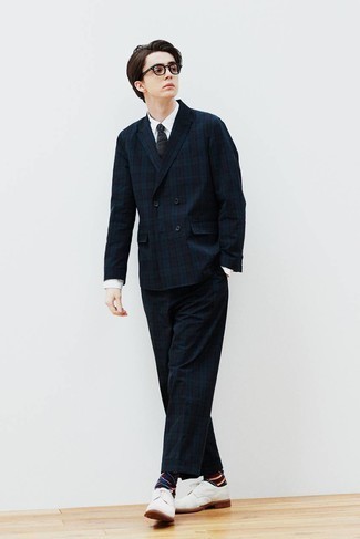 Navy Plaid Suit Outfits: A navy plaid suit and a white dress shirt are absolute mainstays if you're figuring out a classy wardrobe that matches up to the highest sartorial standards. A pair of white canvas derby shoes completes this ensemble quite nicely.